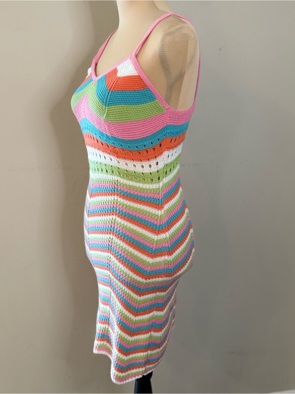 Crave Fame crochet knit sleeveless mini dress pastel retro 70s SM - Picture 3 of 12